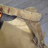 Hvy Suede Western Full Chaps, Lace Back, Fringe *vgc/gc, older, rubs, stains, fadedmnr stains, rubs, dry & stiff edges
