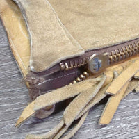 Hvy Suede Western Full Chaps, Lace Back, Fringe *vgc/gc, older, rubs, stains, fadedmnr stains, rubs, dry & stiff edges
