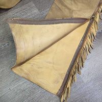 Hvy Suede Western Full Chaps, Lace Back, Fringe *vgc/gc, older, rubs, stains, fadedmnr stains, rubs, dry & stiff edges
