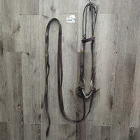 Headstall, Curb Strap, Split Reins, Eggbutt Bit *gc/fair, older, dirt, creases, cracks, splits, MISSING Concho, rust
