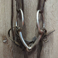 Headstall, Curb Strap, Split Reins, Eggbutt Bit *gc/fair, older, dirt, creases, cracks, splits, MISSING Concho, rust

