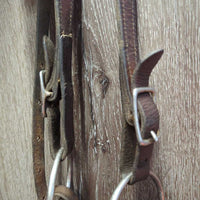 Headstall, Curb Strap, Split Reins, Eggbutt Bit *gc/fair, older, dirt, creases, cracks, splits, MISSING Concho, rust
