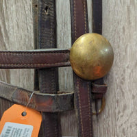 Headstall, Curb Strap, Split Reins, Eggbutt Bit *gc/fair, older, dirt, creases, cracks, splits, MISSING Concho, rust
