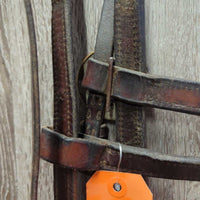 Headstall, Curb Strap, Split Reins, Eggbutt Bit *gc/fair, older, dirt, creases, cracks, splits, MISSING Concho, rust
