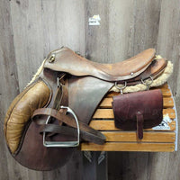 *DECOR ONLY - NOT FOR RIDING *TWISTED Tree *Antique Trail - Cavalry Saddle, 2x Trial Bags, Leathers, Irons, Fleece Flocked
