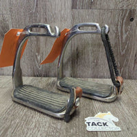 Hvy Peacock Safety Stirrup Irons, grips, leather keepers, rotted elastics *gc, dirt, stains, scuffs, rust spots, too big grips
