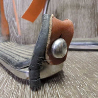 Hvy Peacock Safety Stirrup Irons, grips, leather keepers, rotted elastics *gc, dirt, stains, scuffs, rust spots, too big grips
