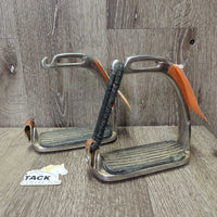 Hvy Peacock Safety Stirrup Irons, grips, leather keepers, rotted elastics *gc, dirt, stains, scuffs, rust spots, too big grips
