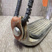 Hvy Peacock Safety Stirrup Irons, grips, leather keepers, rotted elastics *gc, dirt, stains, scuffs, rust spots, too big grips

