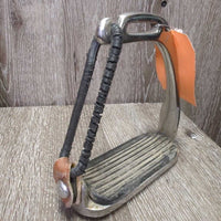 Hvy Peacock Safety Stirrup Irons, grips, leather keepers, rotted elastics *gc, dirt, stains, scuffs, rust spots, too big grips
