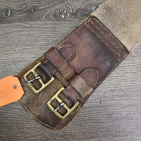 Thick Leather & Cotton Web Aussie Girth, 2x D Rings *gc, stains, edge rubs, v.dirty, smells, discolored, rough edges, rubs, faded, snag

