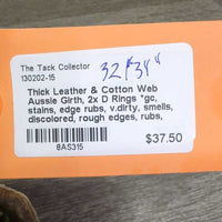 Thick Leather & Cotton Web Aussie Girth, 2x D Rings *gc, stains, edge rubs, v.dirty, smells, discolored, rough edges, rubs, faded, snag
