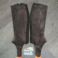 JUNIORS Hvy Suede Half Chaps *gc, clean, stain, mnr dirt, faded, rubs, v.rubbed holey corners
