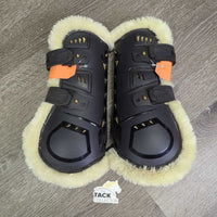 Pr Fleece Lined Open Front Boots, posts & velcro *vgc, mnr hair, dirt, stains, scuffs
