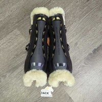 Pr Fleece Lined Open Front Boots, posts & velcro *vgc, mnr hair, dirt, stains, scuffs
