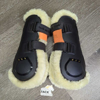 Pr Fleece Lined Open Front Boots, posts & velcro *vgc, mnr hair, dirt, stains, scuffs
