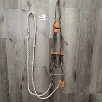 Thick Headstall, Hackamore, Rope Loop Reins, Snaps *gc/fair, NO Throat, rubs, stains, popped nylon, scrapes
