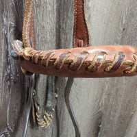 Thick Headstall, Hackamore, Rope Loop Reins, Snaps *gc/fair, NO Throat, rubs, stains, popped nylon, scrapes
