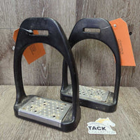 Pr Wide Base Plastic Stirrup Irons, cheese grater grips *gc, dirt, scuffs, rubbed grips, residue, rust, broken washer

