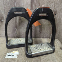 Pr Wide Base Plastic Stirrup Irons, cheese grater grips *gc, dirt, scuffs, rubbed grips, residue, rust, broken washer

