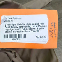 High Waist Full Seat Sticky Breeches, Lace Pockets *vgc/gc, seat: rubs, stains & pills, stains, stretched lace
