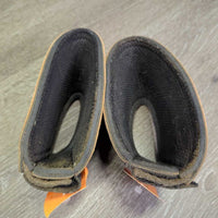 Wrap Around Leather & Neoprene Bell Boots, velcro *gc, clean, mnr pills & rubs, hair, sandy edges & velcro, cut tags
