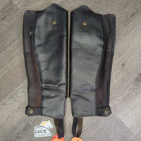 Leather Half Chaps, Back Zips *gc/fair, deep hard creases & folds, stains, dirty/faded elastic, mnr undone stitching, dirt, mnr hair
