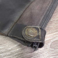 Leather Half Chaps, Back Zips *gc/fair, deep hard creases & folds, stains, dirty/faded elastic, mnr undone stitching, dirt, mnr hair
