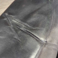 Leather Half Chaps, Back Zips *gc/fair, deep hard creases & folds, stains, dirty/faded elastic, mnr undone stitching, dirt, mnr hair
