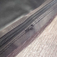 Leather Half Chaps, Back Zips *gc/fair, deep hard creases & folds, stains, dirty/faded elastic, mnr undone stitching, dirt, mnr hair

