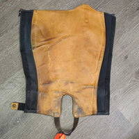 Leather Half Chaps, Back Zips *gc/fair, deep hard creases & folds, stains, dirty/faded elastic, mnr undone stitching, dirt, mnr hair
