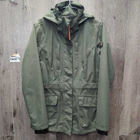 Technical Shell Riding Rain Jacket, detach hood, rear zipper vent *vgc, clean, mnr staining, rubs, threads
