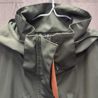 Technical Shell Riding Rain Jacket, detach hood, rear zipper vent *vgc, clean, mnr staining, rubs, threads
