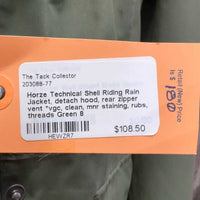 Technical Shell Riding Rain Jacket, detach hood, rear zipper vent *vgc, clean, mnr staining, rubs, threads
