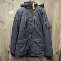 Long Hvy Winter Jacket, hood *vgc, mnr hair
