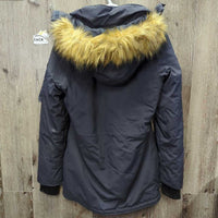 Long Hvy Winter Jacket, hood *vgc, mnr hair
