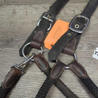 Nylon Rope/Web & Leather Trim Halter, adj, snap *gc, dusty, rubs, scrapes, faded, snags, hair, dirty
