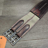 FS Flat Wide Padded Leather Girth, 2x els, d ring *vgc/gc, clean, rubbed, discolour, residue, mnr hair
