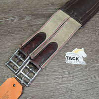 FS Flat Wide Padded Leather Girth, 2x els, d ring *vgc/gc, clean, rubbed, discolour, residue, mnr hair
