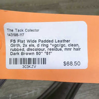 FS Flat Wide Padded Leather Girth, 2x els, d ring *vgc/gc, clean, rubbed, discolour, residue, mnr hair
