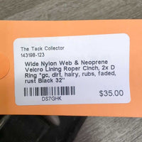 Wide Nylon Web & Neoprene Velcro Lining Roper Cinch, 2x D Ring *gc, dirt, hairy, rubs, faded, rust
