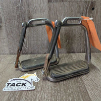 Peacock Stirrup Irons, grips, 2x els, 2x keepers *gc, dirty, cracking els, scratches, stains
