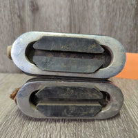 Peacock Stirrup Irons, grips, 2x els, 2x keepers *gc, dirty, cracking els, scratches, stains
