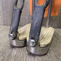 Hvy Safety Peacock Stirrup Irons, grips, 2 els, 2 keepers *gc, dirt, dust, scratches, tape, older?, rubs

