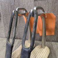 Hvy Safety Peacock Stirrup Irons, grips, 2 els, 2 keepers *gc, dirt, dust, scratches, tape, older?, rubs
