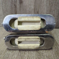 Hvy Safety Peacock Stirrup Irons, grips, 2 els, 2 keepers *gc, dirt, dust, scratches, tape, older?, rubs
