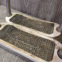 Pr Hvy Stirrup Irons, carpet grips *gc, older, dirty, curled edges, bubbled grips, stains, mnr scuffs, pitted
