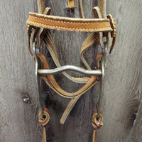 Thick Headstall, Curb Bit, Split Reins, Leather Ties & Conchos *fair, older, split, cut, unstitched, scrapes, dry, older, stains
