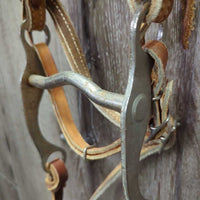 Thick Headstall, Curb Bit, Split Reins, Leather Ties & Conchos *fair, older, split, cut, unstitched, scrapes, dry, older, stains
