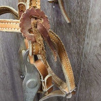 Thick Headstall, Curb Bit, Split Reins, Leather Ties & Conchos *fair, older, split, cut, unstitched, scrapes, dry, older, stains
